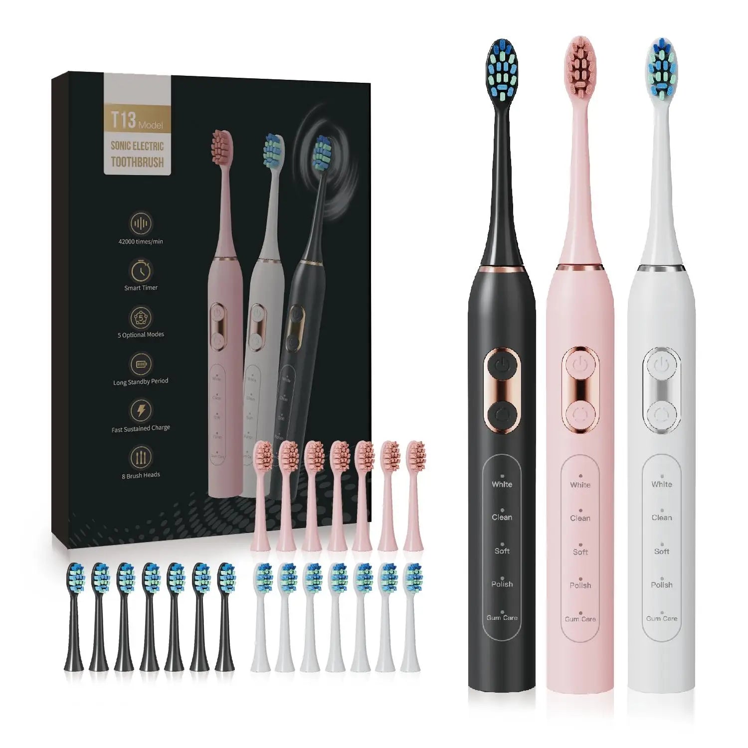 Top Choice Oral Electric Sonic Toothbrush with Soft Bristles Gum-Care Teeth-Cleaning Essential Replacement Brush Heads
