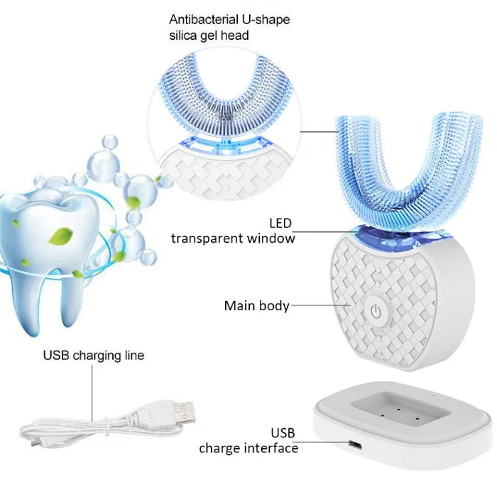 Portable Wireless Charging U Shaped 360 Degree Automatic Electric Toothbrush with Silicone or Bristle Heads