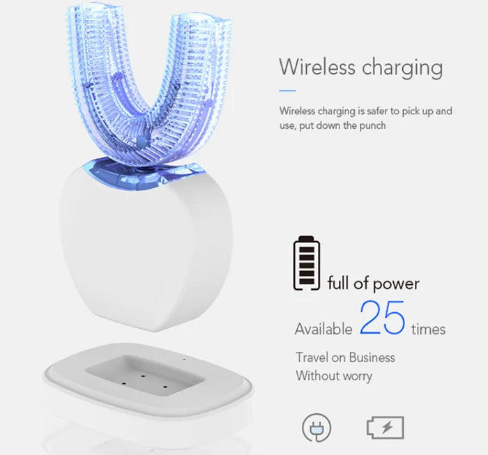 Portable Wireless Charging U Shaped 360 Degree Automatic Electric Toothbrush with Silicone or Bristle Heads