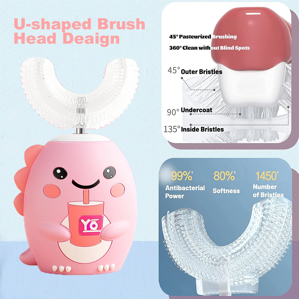 Leying K10 Dinosaur U-Shaped Electric Toothbrush for Kids 2-12 Years Old USB Rechargeable Sonic IPX7 Waterproof Plastic Made