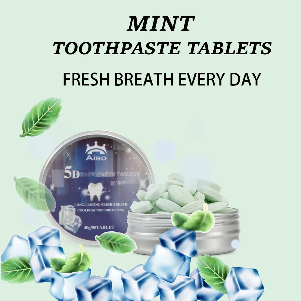 50 Tablets All-in-one travel mint toothpaste chewable tablets, travel toothpaste, deep cleansing, long-lasting fresh breath