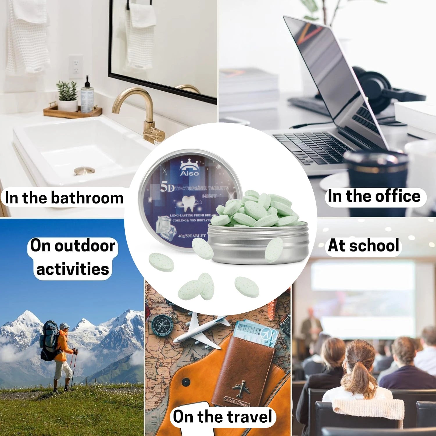 50 Tablets All-in-one travel mint toothpaste chewable tablets, travel toothpaste, deep cleansing, long-lasting fresh breath